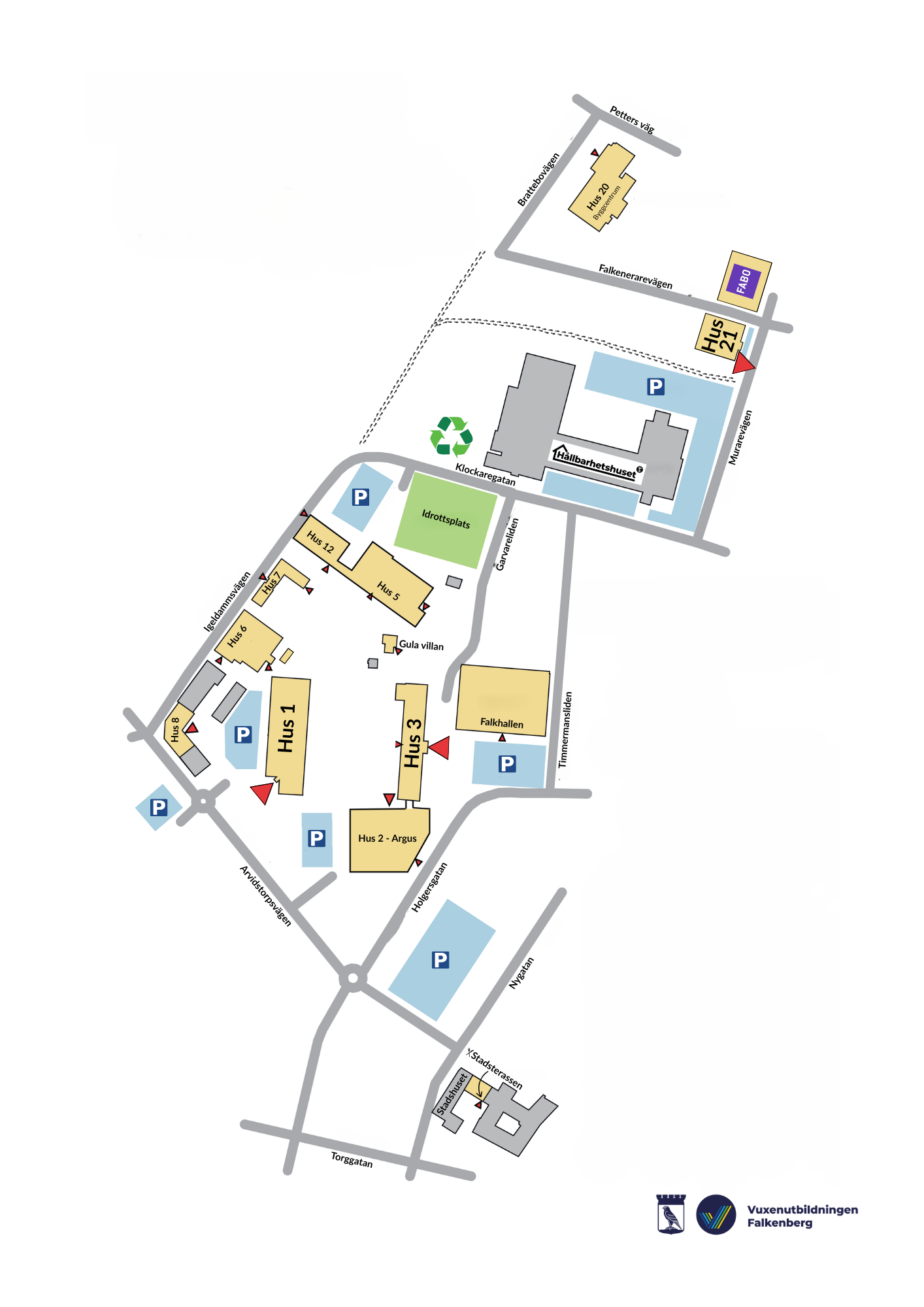 Karta över Vuxenutbildningen Falkenbergs lokaler och hus